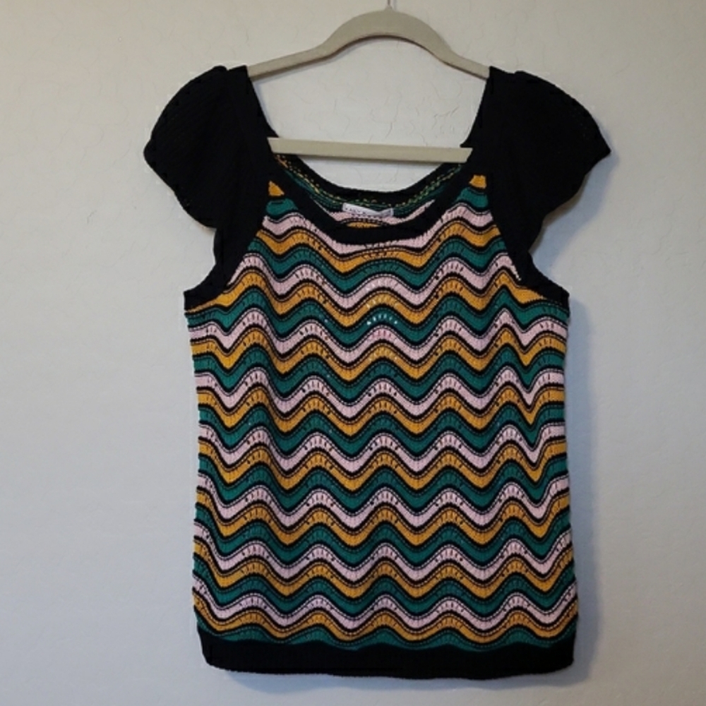 Kaily K Zig Zag Crochet Black Cap Sleeve Sweater Black,Pink,Green & Yellow Large